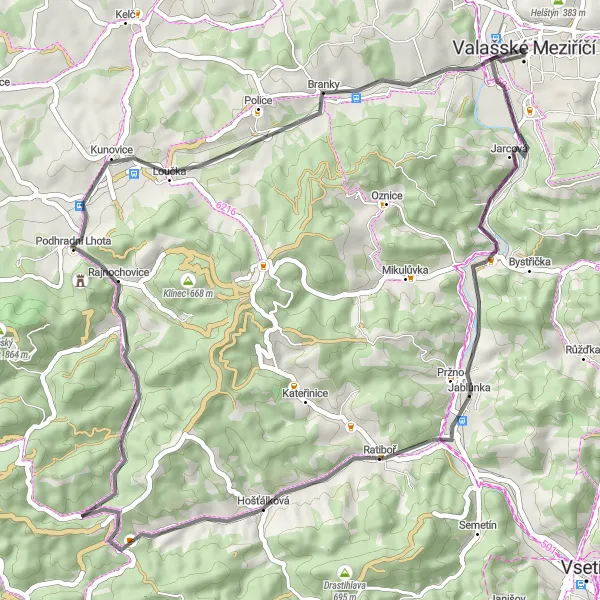 Miniaturní mapa "Okruh po silnici kolem Valašského Meziříčí" inspirace pro cyklisty v oblasti Střední Morava, Czech Republic. Vytvořeno pomocí plánovače tras Tarmacs.app