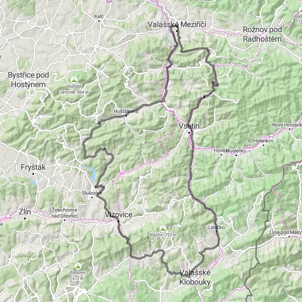 Miniaturní mapa "Silniční výlet do okolí Valašského Meziříčí" inspirace pro cyklisty v oblasti Střední Morava, Czech Republic. Vytvořeno pomocí plánovače tras Tarmacs.app