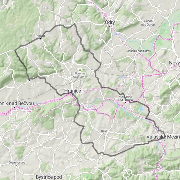Karten-Miniaturansicht der Radinspiration "Tour durch malerische Landschaften" in Střední Morava, Czech Republic. Erstellt vom Tarmacs.app-Routenplaner für Radtouren