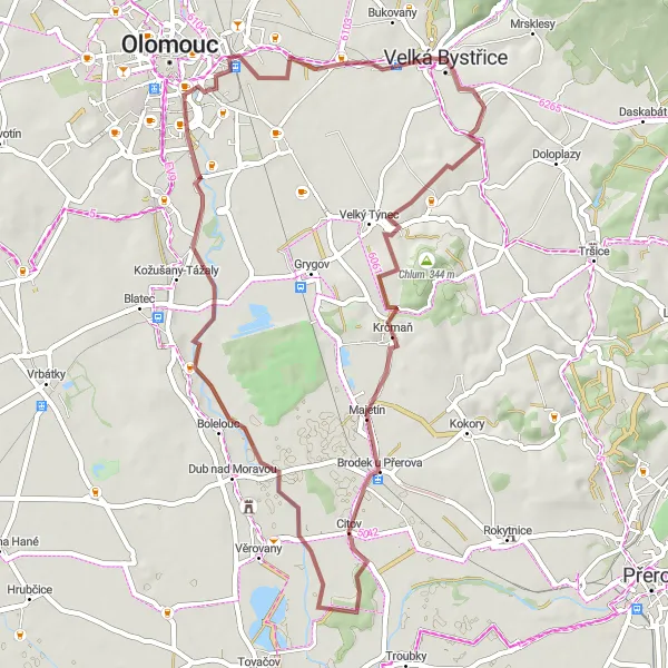 Miniaturní mapa "Gravel Čertoryje Loop" inspirace pro cyklisty v oblasti Střední Morava, Czech Republic. Vytvořeno pomocí plánovače tras Tarmacs.app