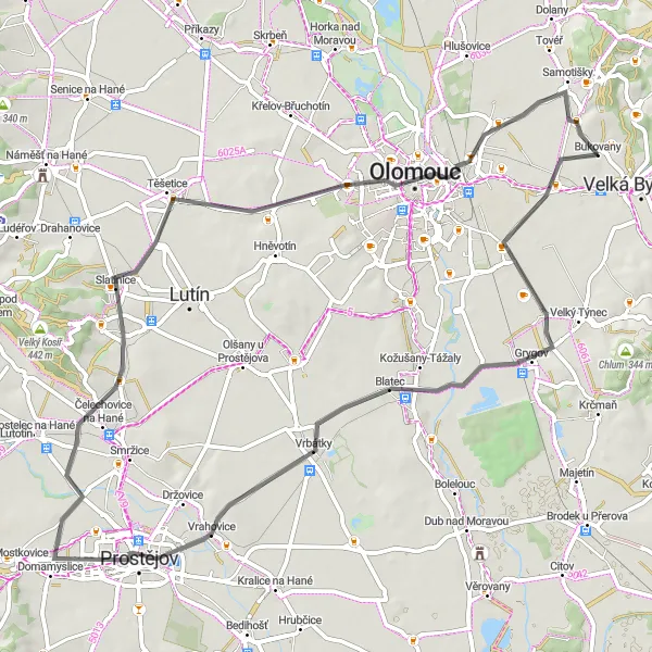 Mapa miniatúra "Road Route Grygov - Droždín" cyklistická inšpirácia v Střední Morava, Czech Republic. Vygenerované cyklistickým plánovačom trás Tarmacs.app