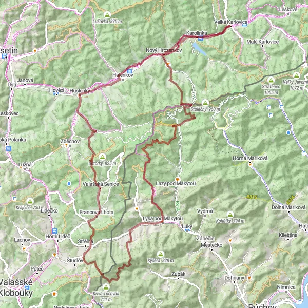 Map miniature of "Karolinka and Huslenky" cycling inspiration in Střední Morava, Czech Republic. Generated by Tarmacs.app cycling route planner