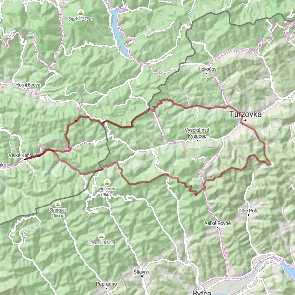 Mapa miniatúra "Gravel Tour to Mikovčákova rozhľadňa" cyklistická inšpirácia v Střední Morava, Czech Republic. Vygenerované cyklistickým plánovačom trás Tarmacs.app