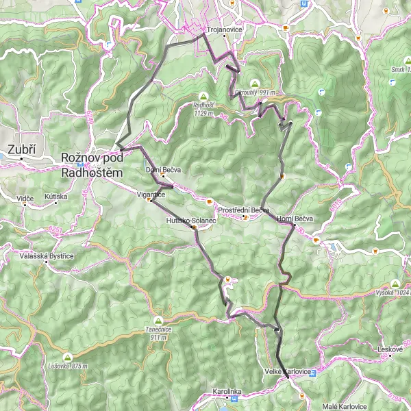 Map miniature of "The Soláň Loop" cycling inspiration in Střední Morava, Czech Republic. Generated by Tarmacs.app cycling route planner