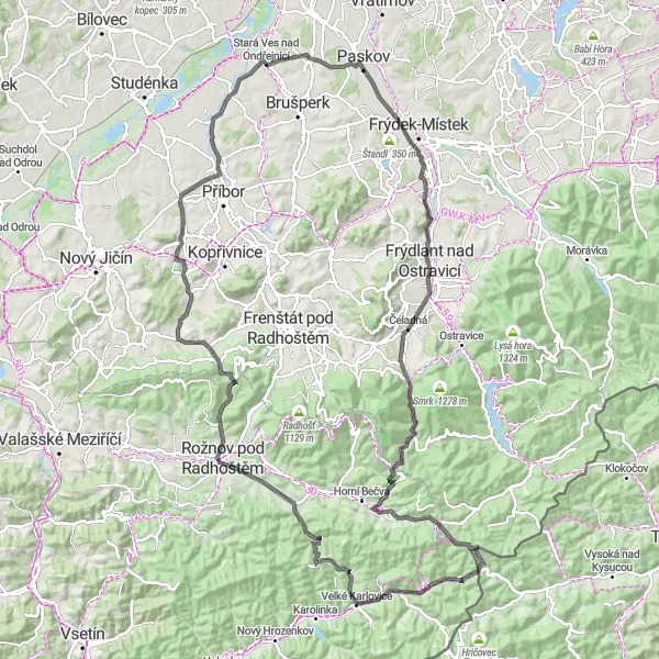 Miniaturní mapa "Okruh kolem Velké Karlovice: Soláň, Šorštýn a okolí" inspirace pro cyklisty v oblasti Střední Morava, Czech Republic. Vytvořeno pomocí plánovače tras Tarmacs.app