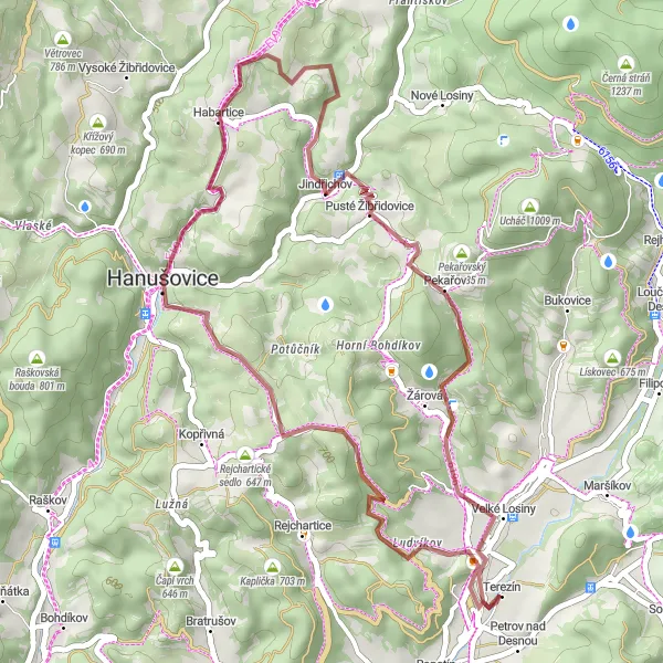 Miniaturní mapa "Cyklostezka Hanušovicko-Pomoravský vrchovina" inspirace pro cyklisty v oblasti Střední Morava, Czech Republic. Vytvořeno pomocí plánovače tras Tarmacs.app