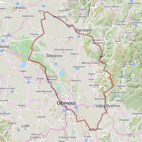 Miniaturní mapa "Rychlá jízda po okolí Velkého Týnce" inspirace pro cyklisty v oblasti Střední Morava, Czech Republic. Vytvořeno pomocí plánovače tras Tarmacs.app