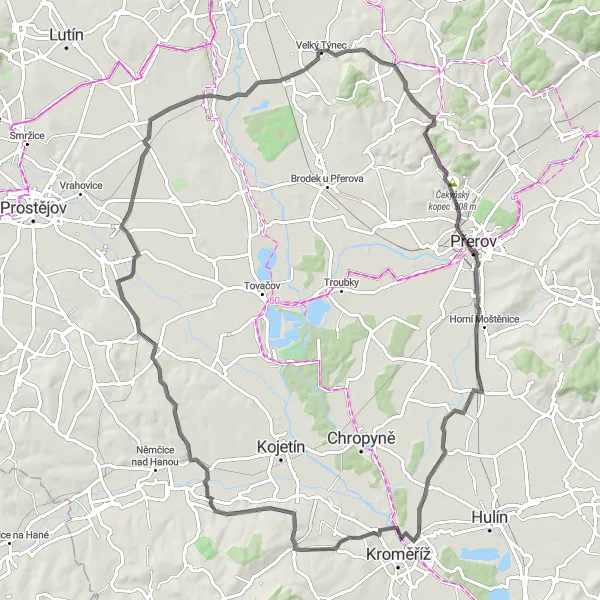 Miniatura mapy "Trasa Road z Velký Týnec do Grygova" - trasy rowerowej w Střední Morava, Czech Republic. Wygenerowane przez planer tras rowerowych Tarmacs.app