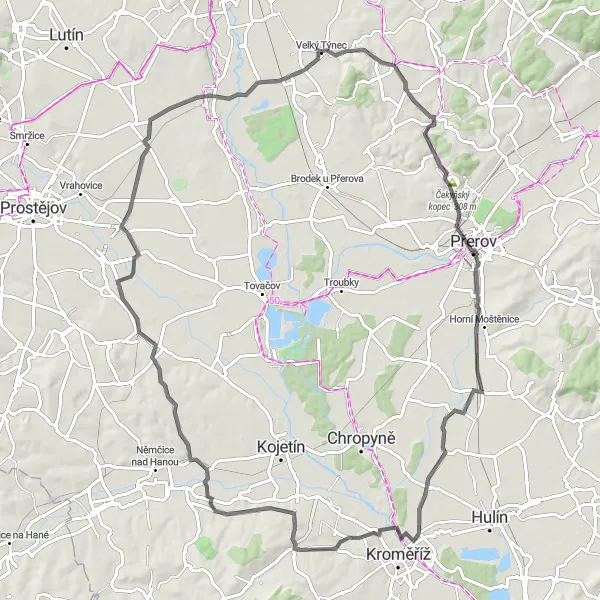 Miniaturní mapa "Cyklotrasa přes Hostkovice, Čekyňský kopec a Měrovice nad Hanou" inspirace pro cyklisty v oblasti Střední Morava, Czech Republic. Vytvořeno pomocí plánovače tras Tarmacs.app