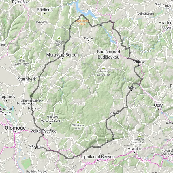 Miniaturní mapa "Výletní cyklotrasa přes Tovéř, Rozhlednu Velký Roudný a Nové Těchanovice" inspirace pro cyklisty v oblasti Střední Morava, Czech Republic. Vytvořeno pomocí plánovače tras Tarmacs.app