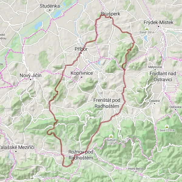 Miniaturní mapa "Gravelová trasa s výhledy kolem Vidče" inspirace pro cyklisty v oblasti Střední Morava, Czech Republic. Vytvořeno pomocí plánovače tras Tarmacs.app