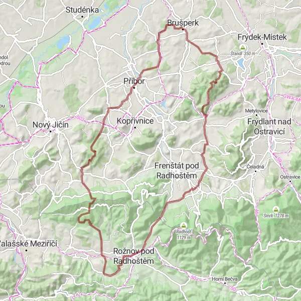 Mapa miniatúra "Gravelové dobrodružství v Západních Beskydech" cyklistická inšpirácia v Střední Morava, Czech Republic. Vygenerované cyklistickým plánovačom trás Tarmacs.app