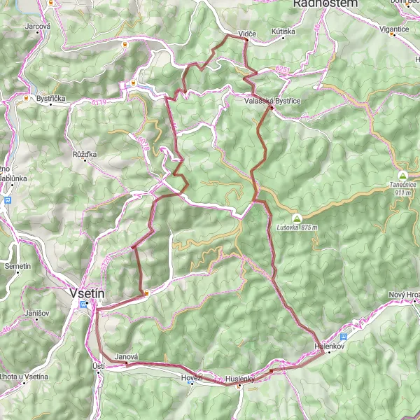 Map miniature of "Gravel Excursion to Vsetín" cycling inspiration in Střední Morava, Czech Republic. Generated by Tarmacs.app cycling route planner