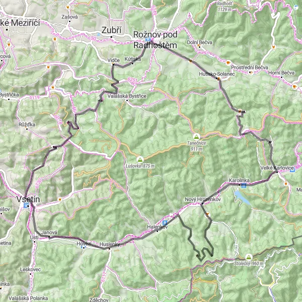 Map miniature of "The Kozák Circuit" cycling inspiration in Střední Morava, Czech Republic. Generated by Tarmacs.app cycling route planner