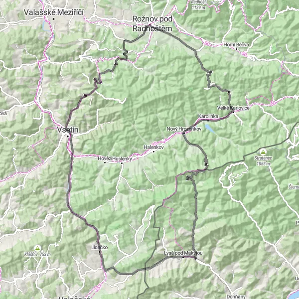 Mapa miniatúra "Valašské cyklo dobrodružství" cyklistická inšpirácia v Střední Morava, Czech Republic. Vygenerované cyklistickým plánovačom trás Tarmacs.app