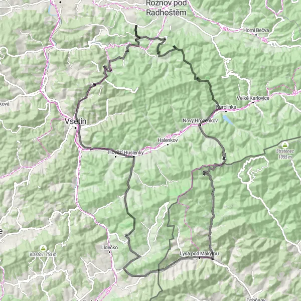 Miniaturní mapa "Trasa do kopce na silnici kolem Vidče" inspirace pro cyklisty v oblasti Střední Morava, Czech Republic. Vytvořeno pomocí plánovače tras Tarmacs.app