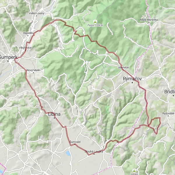Miniaturní mapa "Gravel bike adventure in Střední Morava" inspirace pro cyklisty v oblasti Střední Morava, Czech Republic. Vytvořeno pomocí plánovače tras Tarmacs.app