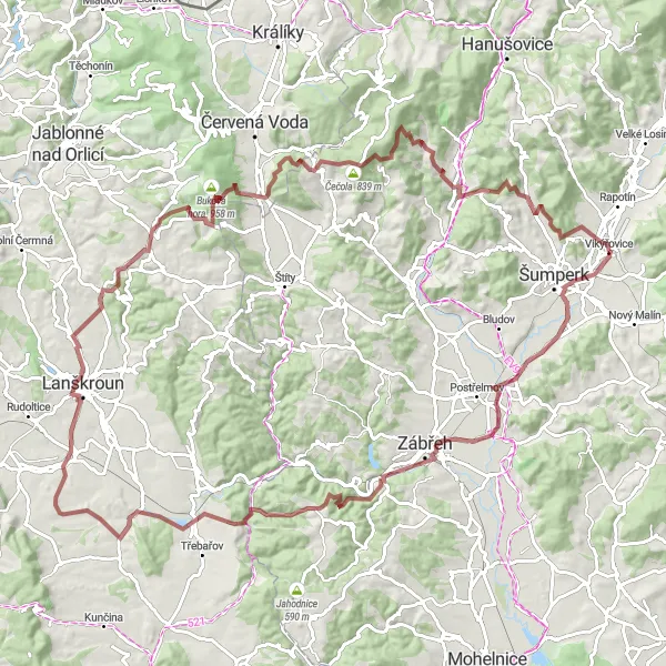 Miniaturní mapa "Gravelová trasa Dolní Studénky" inspirace pro cyklisty v oblasti Střední Morava, Czech Republic. Vytvořeno pomocí plánovače tras Tarmacs.app