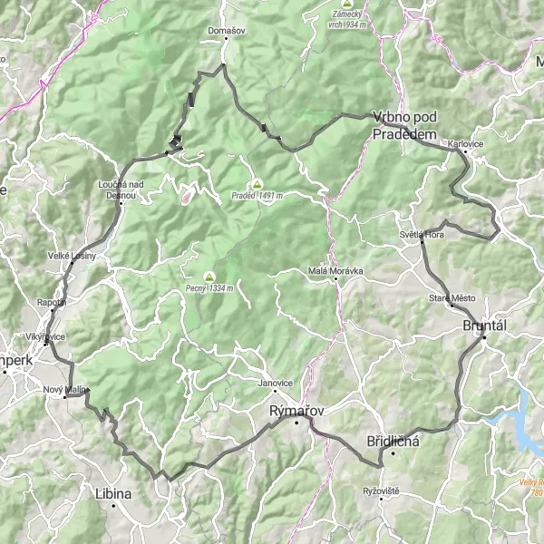 Karten-Miniaturansicht der Radinspiration "Rundfahrradroute von Vikýřovice nach Vikýřovice" in Střední Morava, Czech Republic. Erstellt vom Tarmacs.app-Routenplaner für Radtouren