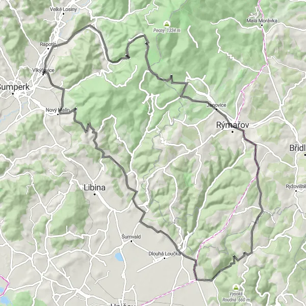 Mapa miniatúra "Road cycling - Challenging loop to Rýmařov and Kopka peak" cyklistická inšpirácia v Střední Morava, Czech Republic. Vygenerované cyklistickým plánovačom trás Tarmacs.app