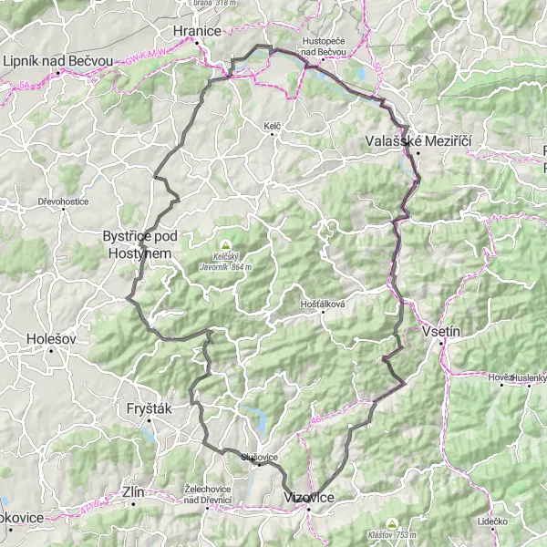 Map miniature of "Road Route: Vizovice to Slavkov pod Hostýnem" cycling inspiration in Střední Morava, Czech Republic. Generated by Tarmacs.app cycling route planner