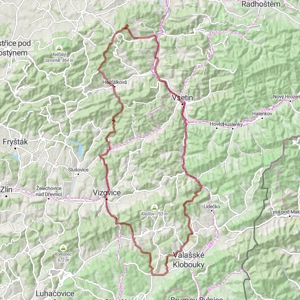 Map miniature of "Gravel adventure in the Moravian wilderness" cycling inspiration in Střední Morava, Czech Republic. Generated by Tarmacs.app cycling route planner