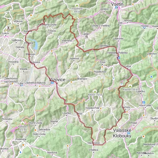 Map miniature of "Conquer the challenges of Střední Morava's gravel roads" cycling inspiration in Střední Morava, Czech Republic. Generated by Tarmacs.app cycling route planner