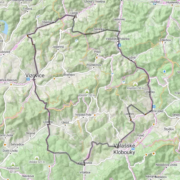 Mapa miniatúra "Cyklotrasa cez Vartovnu a Ostrú horu" cyklistická inšpirácia v Střední Morava, Czech Republic. Vygenerované cyklistickým plánovačom trás Tarmacs.app