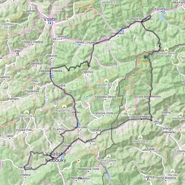 Miniaturní mapa "Okružní cesta přes Vlachovice a okolí" inspirace pro cyklisty v oblasti Střední Morava, Czech Republic. Vytvořeno pomocí plánovače tras Tarmacs.app