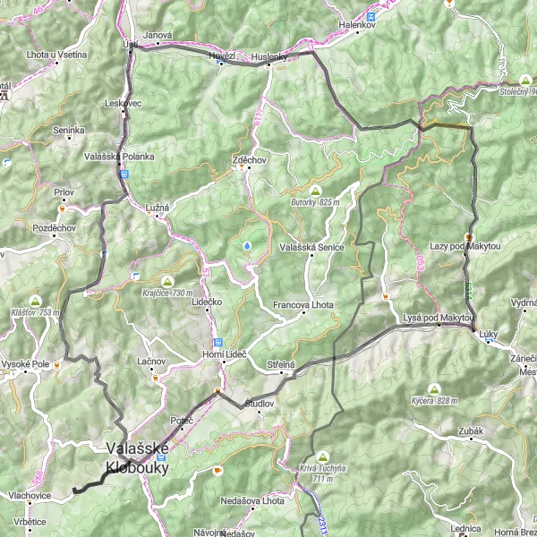 Karten-Miniaturansicht der Radinspiration "Hügelige Straßenfahrt durch Valašsko" in Střední Morava, Czech Republic. Erstellt vom Tarmacs.app-Routenplaner für Radtouren