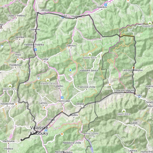 Miniaturní mapa "Okolí Lazy pod Makytou" inspirace pro cyklisty v oblasti Střední Morava, Czech Republic. Vytvořeno pomocí plánovače tras Tarmacs.app