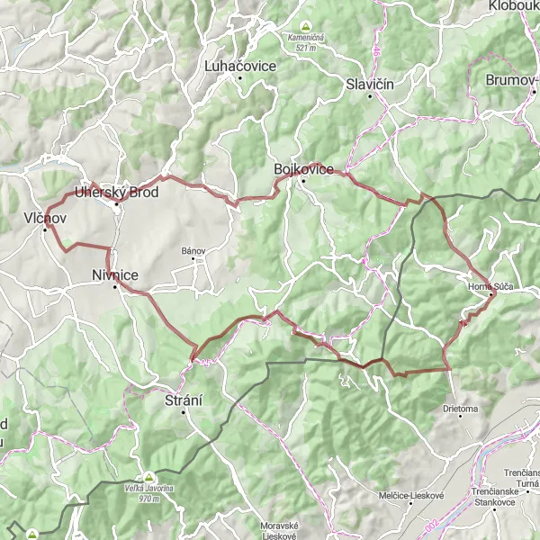 Mapa miniatúra "Extrémna gravelová trasa cez Bašta a Nivnice" cyklistická inšpirácia v Střední Morava, Czech Republic. Vygenerované cyklistickým plánovačom trás Tarmacs.app