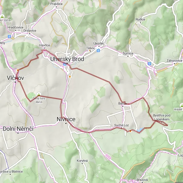 Mapa miniatúra "Gravelový okruh po Střední Moravě" cyklistická inšpirácia v Střední Morava, Czech Republic. Vygenerované cyklistickým plánovačom trás Tarmacs.app