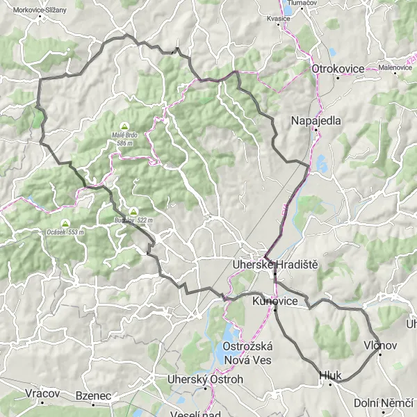 Mapa miniatúra "Okruh do kopcovité krajiny" cyklistická inšpirácia v Střední Morava, Czech Republic. Vygenerované cyklistickým plánovačom trás Tarmacs.app