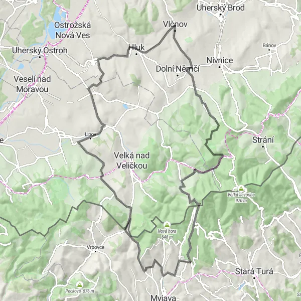 Mapa miniatúra "Cykloturistika s výhľadmi na Baranec a Antonínský kopec" cyklistická inšpirácia v Střední Morava, Czech Republic. Vygenerované cyklistickým plánovačom trás Tarmacs.app