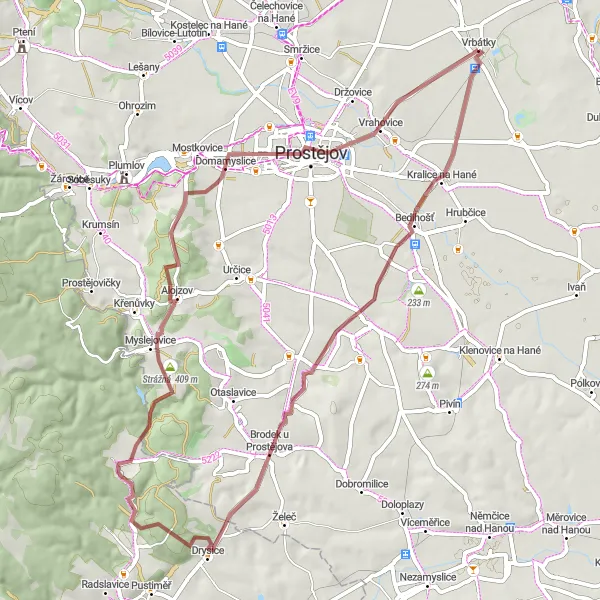 Miniaturní mapa "Okružní cyklistická trasa Vrbátky - Vrahovice" inspirace pro cyklisty v oblasti Střední Morava, Czech Republic. Vytvořeno pomocí plánovače tras Tarmacs.app