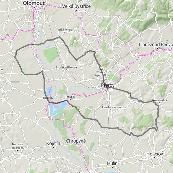 Map miniature of "Krčmaň Circuit" cycling inspiration in Střední Morava, Czech Republic. Generated by Tarmacs.app cycling route planner