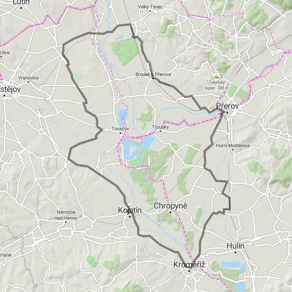 Miniaturní mapa "Road cyklotrasa Brodek u Přerova - Hrdibořice" inspirace pro cyklisty v oblasti Střední Morava, Czech Republic. Vytvořeno pomocí plánovače tras Tarmacs.app
