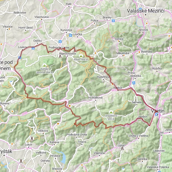 Map miniature of "Mountain Adventure" cycling inspiration in Střední Morava, Czech Republic. Generated by Tarmacs.app cycling route planner