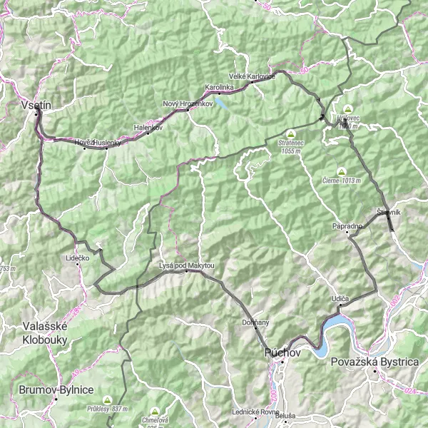 Miniaturní mapa "Cyklotrasa kolem Vsetína" inspirace pro cyklisty v oblasti Střední Morava, Czech Republic. Vytvořeno pomocí plánovače tras Tarmacs.app