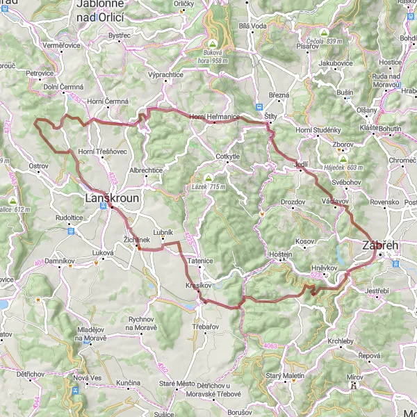 Miniaturní mapa "Gravelová trasa okolo Zábřehu a Tábora" inspirace pro cyklisty v oblasti Střední Morava, Czech Republic. Vytvořeno pomocí plánovače tras Tarmacs.app