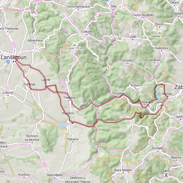 Miniatura mapy "Trasa w rejonie Zábřeh na szutrach" - trasy rowerowej w Střední Morava, Czech Republic. Wygenerowane przez planer tras rowerowych Tarmacs.app