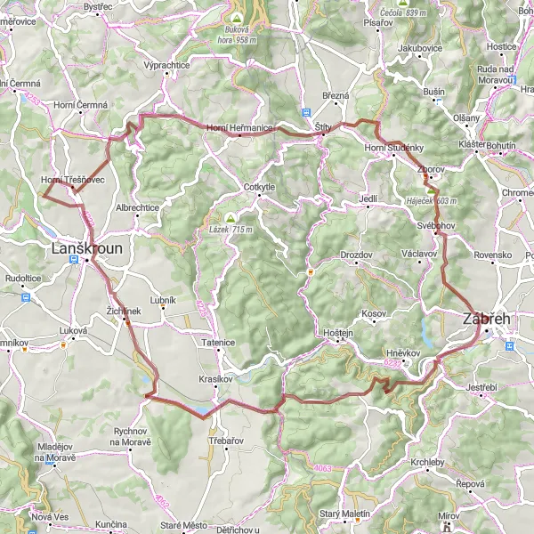 Mapa miniatúra "Gravel Zábřeh a Ovčáry" cyklistická inšpirácia v Střední Morava, Czech Republic. Vygenerované cyklistickým plánovačom trás Tarmacs.app