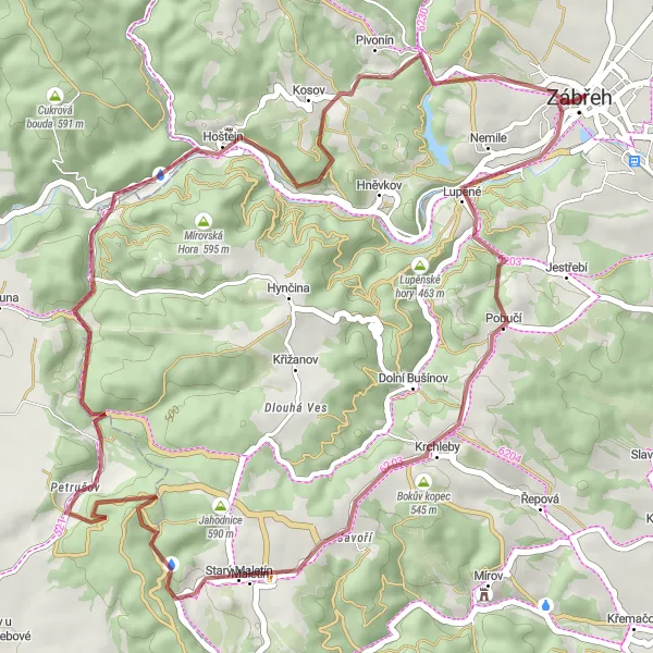 Miniaturní mapa "Gravelová cyklotrasa poblíž Zábřehu" inspirace pro cyklisty v oblasti Střední Morava, Czech Republic. Vytvořeno pomocí plánovače tras Tarmacs.app