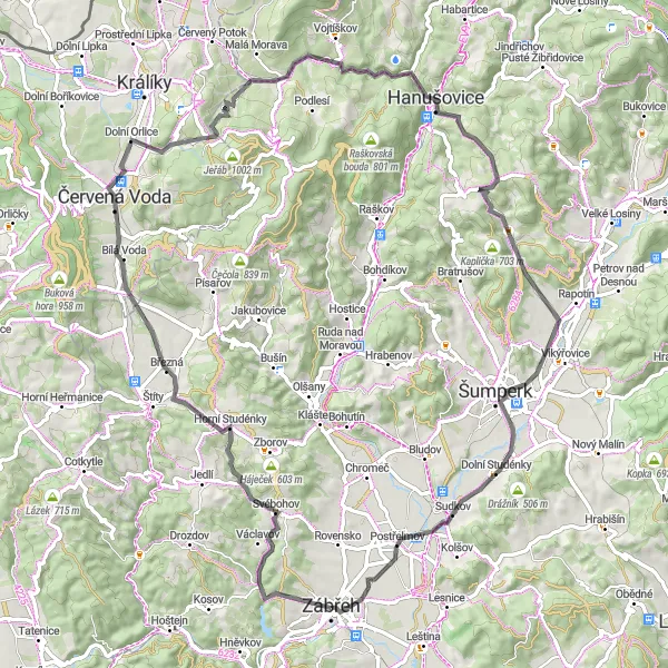Miniaturní mapa "Silniční cyklotrasa kolem Zábřehu" inspirace pro cyklisty v oblasti Střední Morava, Czech Republic. Vytvořeno pomocí plánovače tras Tarmacs.app