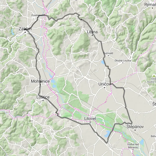 Miniaturní mapa "Okolím Zábřehu a Lošticí" inspirace pro cyklisty v oblasti Střední Morava, Czech Republic. Vytvořeno pomocí plánovače tras Tarmacs.app