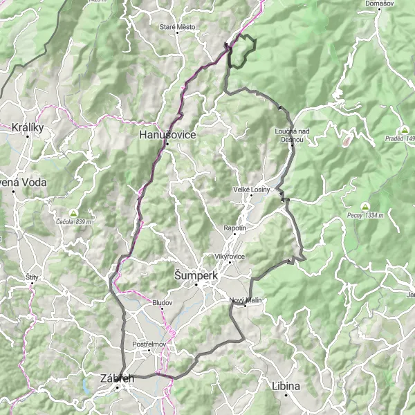 Miniaturní mapa "Výlet po silnici v okolí Zábřehu" inspirace pro cyklisty v oblasti Střední Morava, Czech Republic. Vytvořeno pomocí plánovače tras Tarmacs.app