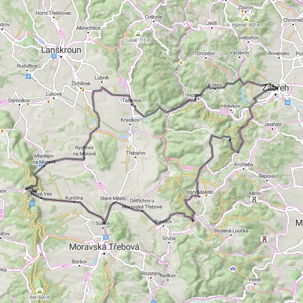 Mapa miniatúra "Road Křižanov a Kosov" cyklistická inšpirácia v Střední Morava, Czech Republic. Vygenerované cyklistickým plánovačom trás Tarmacs.app