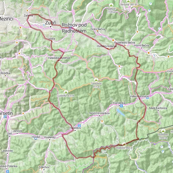 Miniaturní mapa "Gravel Zašová - Hůrka - Velké Karlovice" inspirace pro cyklisty v oblasti Střední Morava, Czech Republic. Vytvořeno pomocí plánovače tras Tarmacs.app