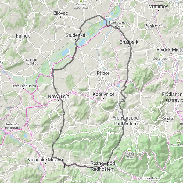 Miniaturní mapa "Road Zašová - Veselá - Rožnov pod Radhoštěm" inspirace pro cyklisty v oblasti Střední Morava, Czech Republic. Vytvořeno pomocí plánovače tras Tarmacs.app